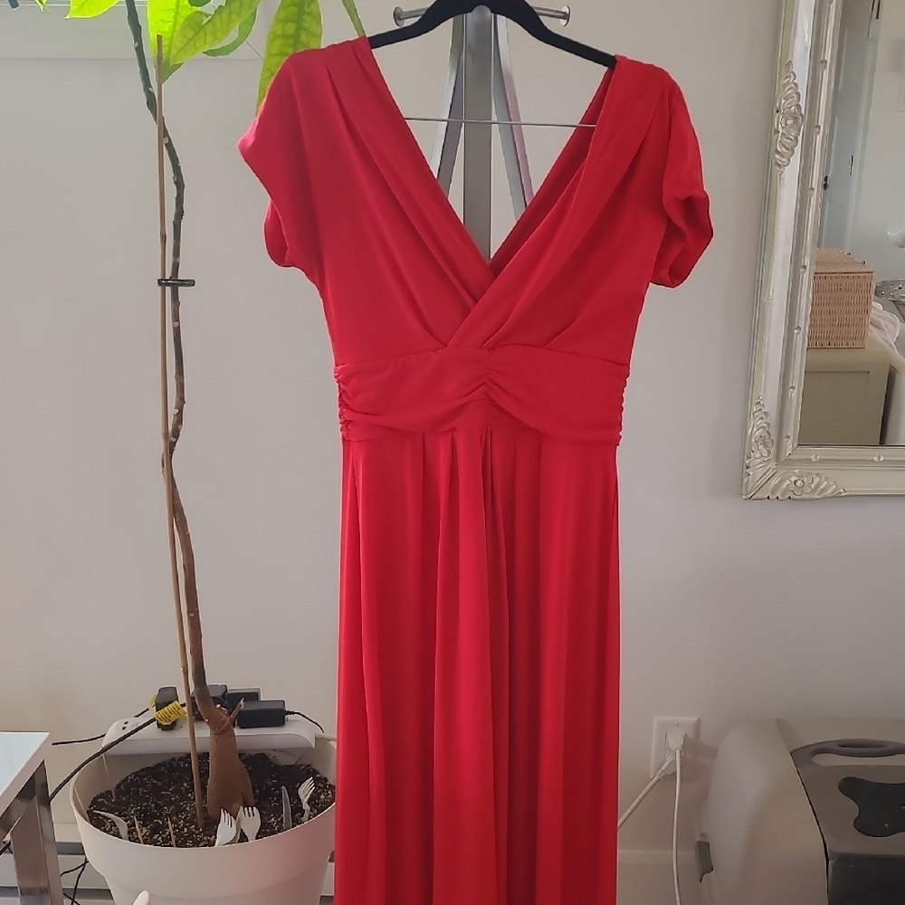 IMAN Red Ruched Wrap Maxi Dress with Flutter Sleeves